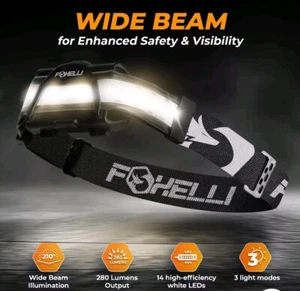 Foxelli Lampada frontale a fascio largo USB ricaricabile 14 LED luminosi, WB200, 1200mah. C9 - Foto 1 di 11