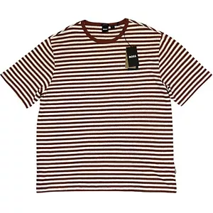 Hugo BOSS Tiburt Linen Cotton Shirt SIZE XXL Rust Stripe Crew Neck Short Sleeve - Picture 1 of 10
