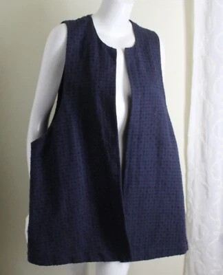 New Eskandar Sz 1 Runs Generous 32"L French NAVY Laser-Cut Linen Vest Jacket - Image 1 of 4