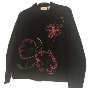Studio Works Black Button Down Embroidered Sequin Floral Top Jacket Size Medium - Picture 1 of 5