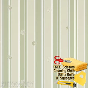 Baby Nursery Room Wallpaper Vinyl Film Kids Girls Green Stripe Peel-and-Stick - Picture 1 of 10