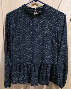 Loft Black And Wht Dot Fabric Mandarin Collar Long Sleeves Peplum Top Size XXSP - Picture 1 of 7