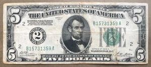 1928A $5 FRN ~ NEW YORK [] NUMERIC 2 SEAL[] FR.1951-B [] SN# B 1573 1359 A -READ - Picture 1 of 3