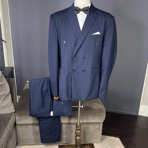 Herren Marineblau Zweireiher 2 Teiler Anzug Spitzes Revers 46 Sakko 40 Hose Neu mit Etikett - Bild 1 von 14