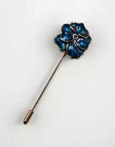 Art Nouveau Style Guilloche Enameled Brass Blue Flower Pansy Stick/Lapel Pin - Picture 1 of 13