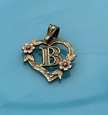 Auténtico Dije Colgante Oro Amarillo 14k Corazón Flor B “B” Letra Inicial 1g Foto 1 de 4
