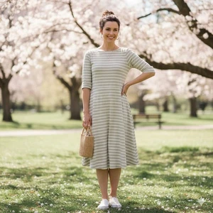 LRL Ralph Lauren Striped Stretch Cotton Midi Dress Womens XL Green Casual - Picture 1 of 14