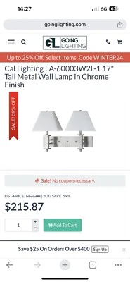 Cal Lighting LA-60003W2L-1 17" Tall Metal Wall Lamp in Chrome Finish - Image 1 of 2