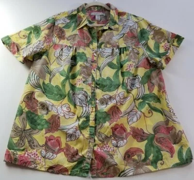 Roaman’s 纽扣衬衫女式 20W Plus 多色花卉短袖上衣 — 第 1/4 张图片