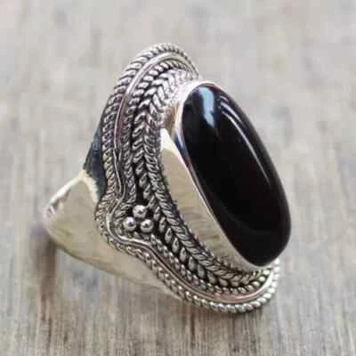 Anillo de piedras preciosas de ónix negro de diseñador hecho a mano anillo de plata de ley 925 todas las tallas R172 Foto 1 de 3