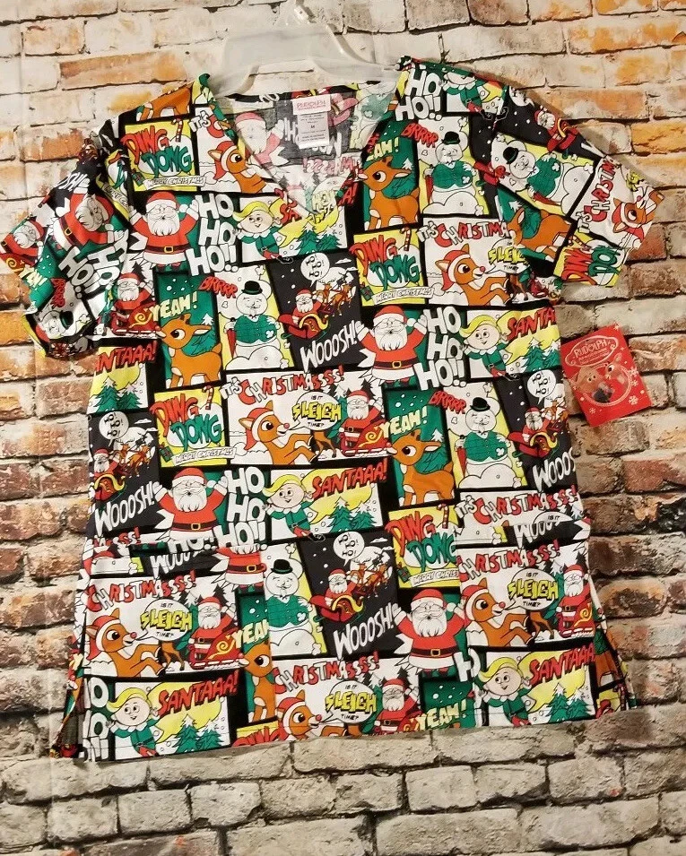 Women's Christmas Rudolph The Red Nosed Reindeer Scrub Top Size Medium