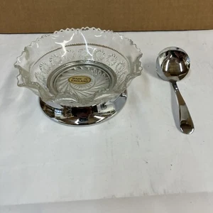 Vtg Pedestal Glass Condiment Serving Dish With Chrome Plated Spoon And Base VG - Picture 1 of 10