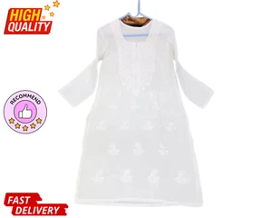 Lucknowi White Chikankari Cotton Kurti Indian Dailywear Kurta Set for Women - Picture 1 of 9