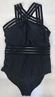 Women's Swimsuit One Pc. Black Sheer Stripe Straps Waist Sz. L New 