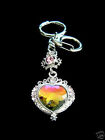 Crystal Crown Heart Purse Ring Keychain Charm Silver Tone Pink