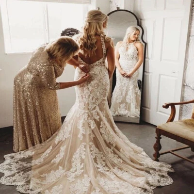 Champagne Mermaid Wedding Dresses Halter Neck Backless Buttons Lace Bridal Gowns - Image 1 of 4