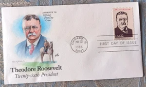 PRESIDENT THEODORE TEDDY ROOSEVELT ON HORSEBACK ARTCRAFT CACHET 1986 FDC UNADDR - Picture 1 of 1