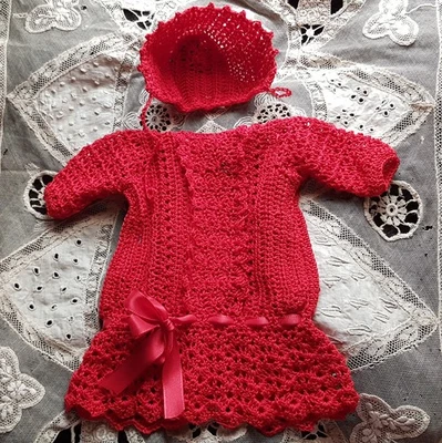 Joli ensemble robe + chapeau  poupée ancienne - Photo 1/4