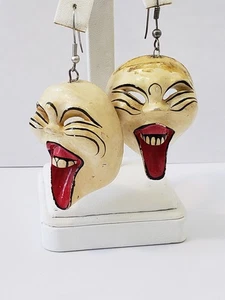 Antike japanische Mempo Herren Yoroi Theater Maske Ohrringe handbemalt - Bild 1 von 10