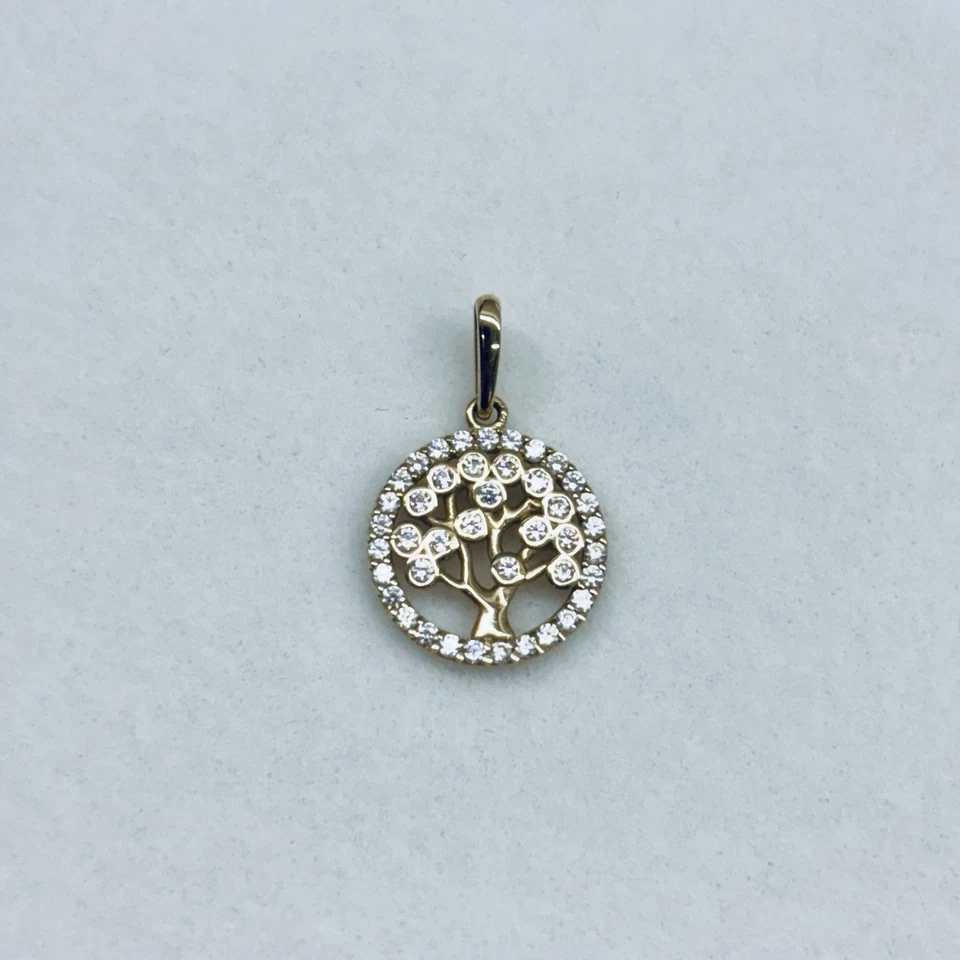 14k Yellow Gold Tree Of Life Family Halo Cluster CZ Pave Round Cut Pendant Charm - Image 1 of 4