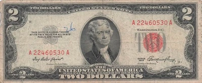 USA   $2  Series of 1953  Block  A - A  Red Seal  Circulated Banknote FX - Image 1 of 2