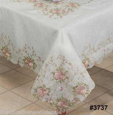 Spring Embroidered Pink Rose Floral Cutwork Sheer Tablecloth with Napkins #3737W - Image 1 of 3