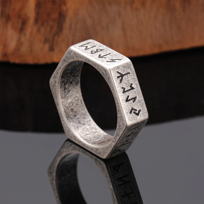 Anillo de runa vikinga minimalista nórdico personalizado tuerca hexagonal titanio Stee Foto 1 de 4