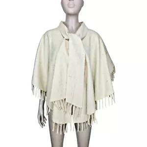 Boho Hippie Flecked Beige Wool Vintage 70s Fringe Scarf Cape Poncho NEW - Picture 1 of 7