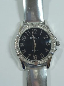 Womens Chicos Watch Crystal Accent Bezel, Black Dial Leather Band NEW BATTERY - Picture 1 of 12