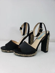 Betsey Johnson Black W Silver Bedazzled Open Toe Ankle Clasp High Heels sz 7 M - Picture 1 of 8
