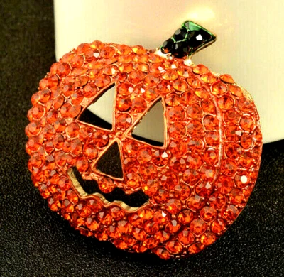 Broche Disfraz Halloween Naranja Jack o Linterna Calabaza Diamantes de Imitación 3D Grande Audaz Foto 1 de 4