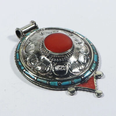 Colgante Turquesa Tibetano Plata Colgante Hecho a Mano Coral Dije Joyería Tribal Foto 1 de 4