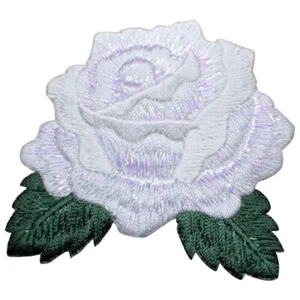 White Rose Applique Patch - Flower Gardening Shimmery Embroidered Badge 2-5/8" - Picture 1 of 1