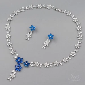 Women Bridal Wedding Blue CZ Jewelry Set Zirconia Necklace Earrings Flower 20030 - Picture 1 of 8