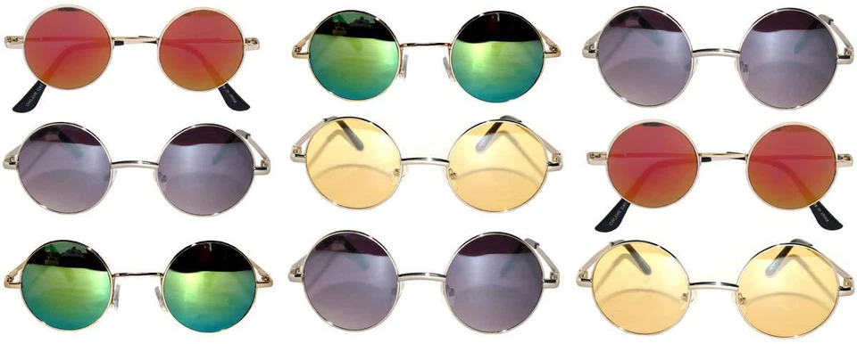 86042 C6 Round Fashion Sunglasses Metal Silver Frame Blue Mirror Lens