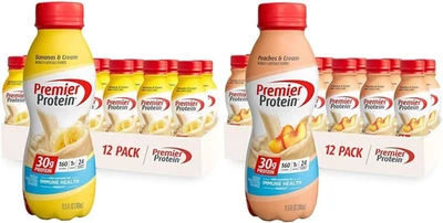 Batidos de proteínas Premier, crema de plátanos + melocotones, 30 g de proteína, paquete de 24, 138 oz Foto 1 de 4