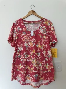 CJ Banks Womens Size 1X Pink Floral Bird Print Short Sleeve Top Blouse - Picture 1 of 6