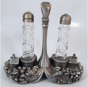 Lenox Silver Seas Lighthouse Pewter Lead Crystal Salt & Pepper Shaker Set COA - Picture 1 of 9