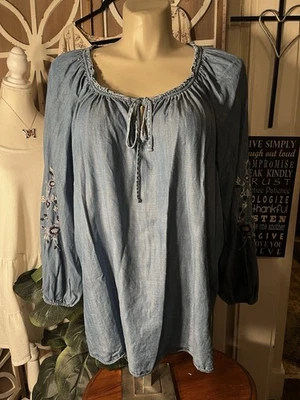Lauren Conrad Women’s 3X Embroidered Blue Chambray Tunic Top, Tie Neckline, Soft - Image 1 of 4