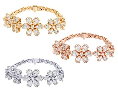 Baguette Flower String 4 3/5 CT Real Diamond Bracelet Gold 16MM 7" - Image 1 of 4