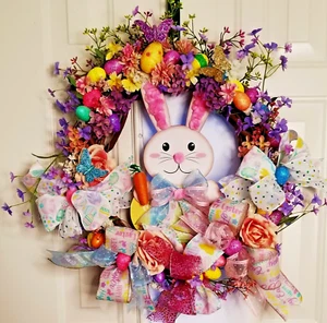 Easter Spring 20" GrapeVine Wreath Eggs Flowers Butterflies & Big Bunny W/Carrot - Picture 1 of 10