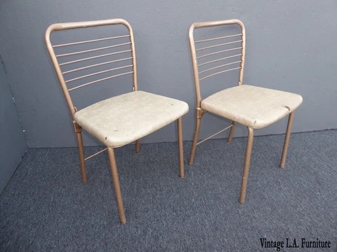 Pair Vintage Mid Century Modern Retro Tan Folding Metal Chairs Cover