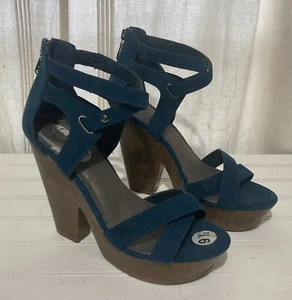 Guess Womens Shoes 8.5 Y2K Teal Suede Strappy Zip Wooden Platform High Heel Pump - Picture 1 of 12