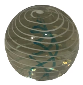 Crystal Glass Inner Blue Swirl Exterior White Swirl Clear Paperweight Gift - Picture 1 of 5