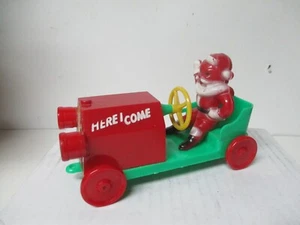 Vintage Rosen Rosbro Christmas Hard Plastic Santa Drives Green Red Roadster Car - Picture 1 of 7