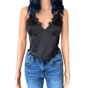 Aqua Black Silky Lace Trim Tie Back Top Size Large NWT - Picture 1 of 5