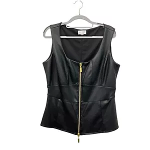 BISOU BISOU Glam Vest Top Women Size L Black Faux Leather Front Stretch Back - Picture 1 of 12
