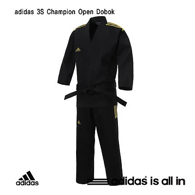 Adidas 3S Uniforme Campeão Masculino/Dobok/Estilo ITF/Uniforme Tipo Aberto/Uniforme Preto - Imagem 1 de 3