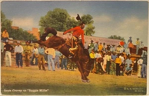 Cowboy Western Postcard~Louis Cravey On Raggin Willie~Bucking Bronco Rider Linen - Bild 1 von 2