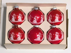 1950s Shiny Brite Red Glass Christmas Tree Ornaments Set x6 Angels Sing Stencils - Picture 1 of 4